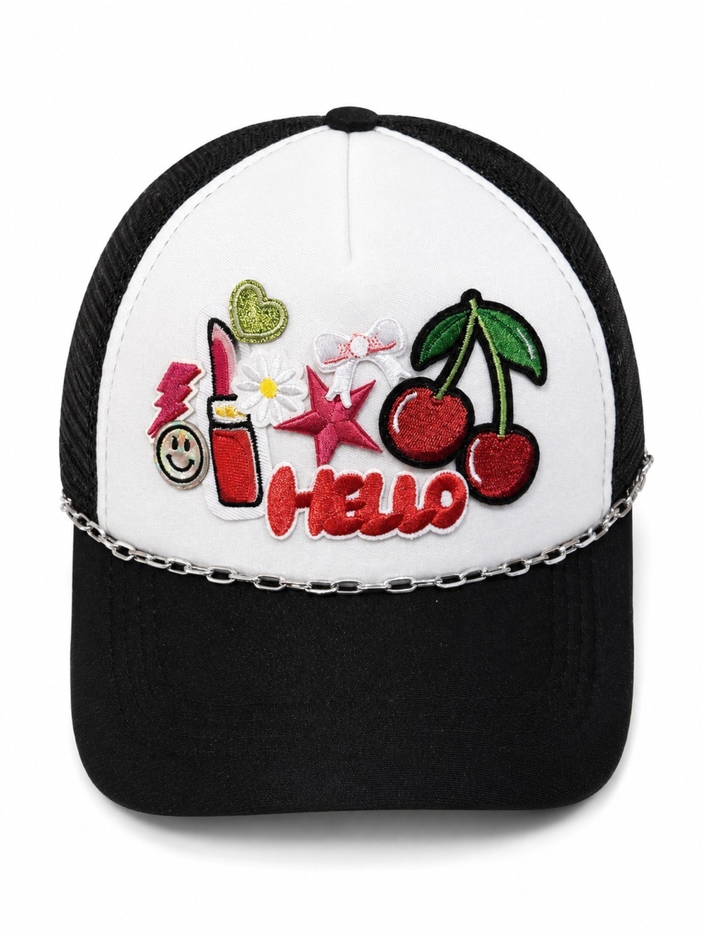 Hand Crafted White & Black Patchwork Trucker Hat with Cherry Patches
